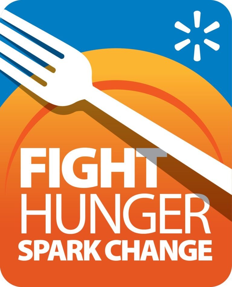 A graphic with a fork and orange plate on a blue background, displaying the text FIGHT HUNGER SPARK CHANGE and a stylized white spark symbol in the corner.