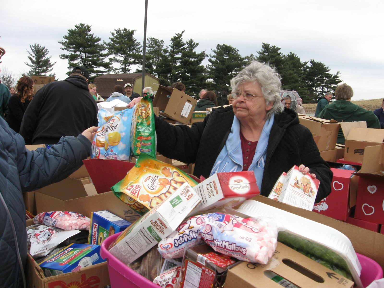 An elderly woman sorts through boxes of food and snacks outdoors at a food distribution event, surrounded by others and various packaged goods. Trees and cloudy sky are visible in the background.