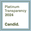 A square badge with a light blue border reads Platinum Transparency 2024 in gray-green text above the bolded word Candid. on a white background.