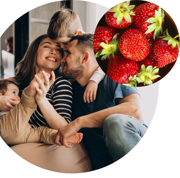 A happy family of four cuddles and smiles together indoors. Overlapping them is a circular image of fresh, ripe strawberries with green stems—reminding us of the importance of a well-stocked pantry and organizations like Feeding America.