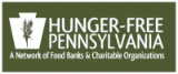Logo for Hunger-Free Pennsylvania, featuring a white keystone shape with a plant inside, next to bold text reading “Hunger-Free Pennsylvania: A Network of Food Banks & Charitable Organizations.” The background is green.