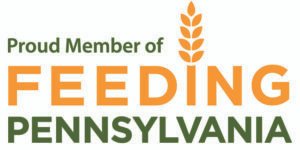 Feeding Pennsylvania logo in orange and green. The I in Feeding is a wheat symbol. Reads Proud Member of Feeding Pennsylvania.