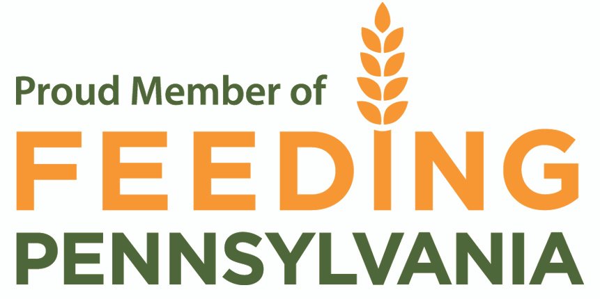 Feeding Pennsylvania logo in orange and green. The I in Feeding is a wheat symbol. Reads Proud Member of Feeding Pennsylvania.