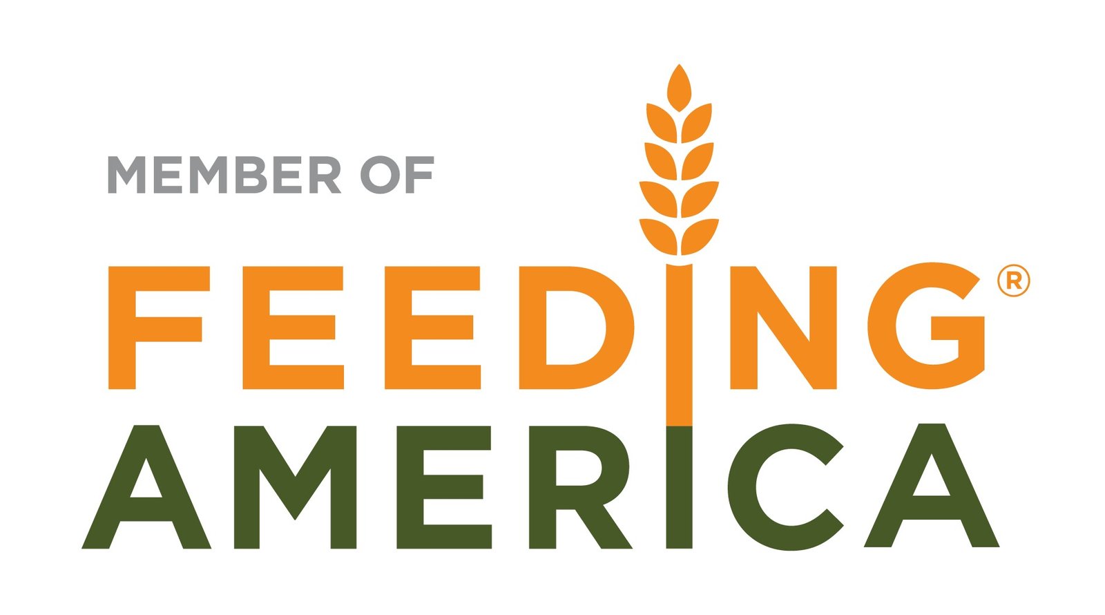 Orange and green logo with the words Member of Feeding America. The I in Feeding is stylized as a wheat stalk. The background is white.