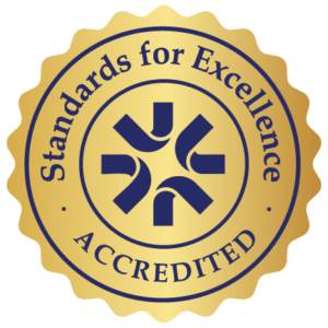Shiny golden seal with dark blue writing. It reads "Standards for Excellence Accredited"